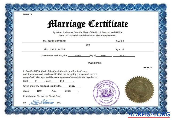 Printable Hawaii marriage certificate Word and PDF template